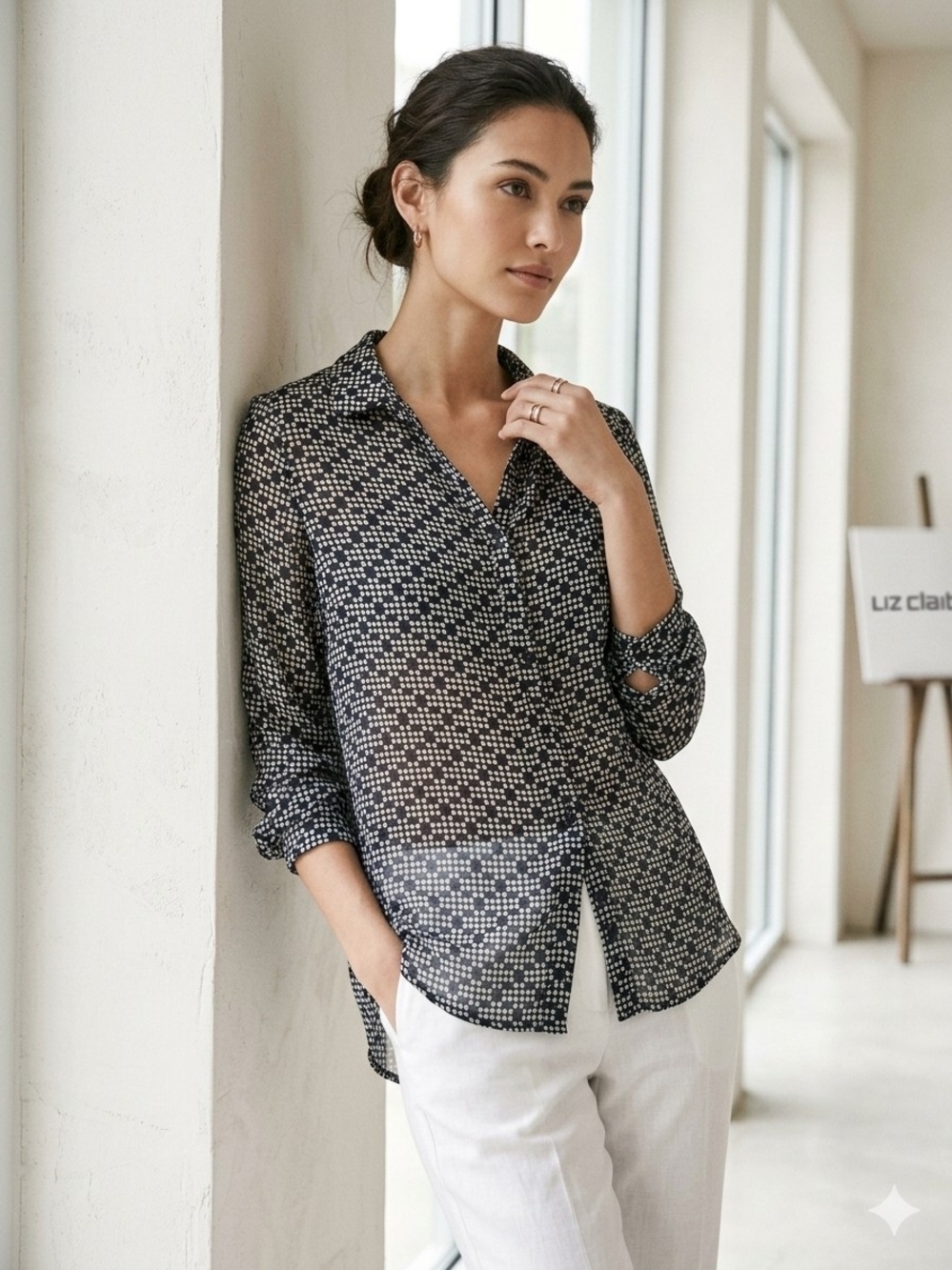Liz Claiborne Black & White Geometric Diamond Print Button Down Blouse - Size S